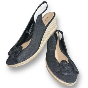 AVENUE Metallic Denim Espadrille Peep Toe Sling Back Wedge Sandals Heels 13